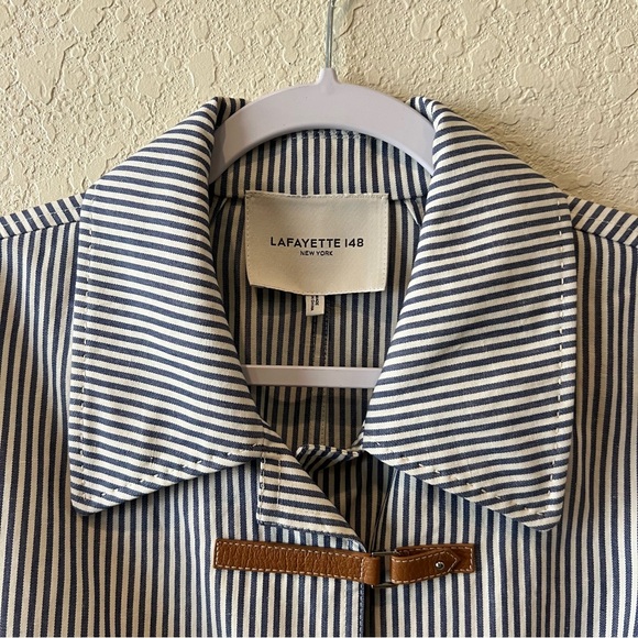 Lafayette 148 striped cotton linen coat jacket with leather strap closures - Picture 2 of 14